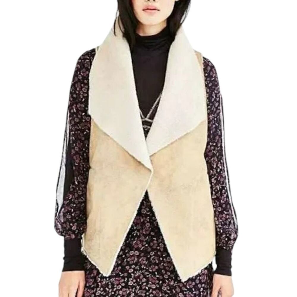 Ecote Urban Outfitters Faux Shearling Open Front Vest Tan Cozy Boho Size L